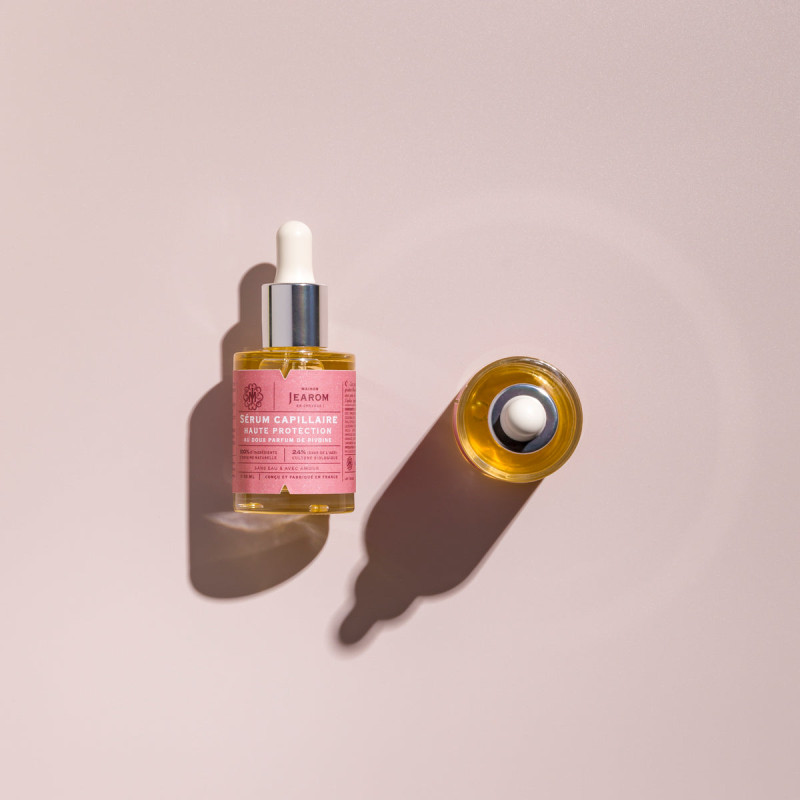 Sérum capillaire naturel haute protection Maison Jearom, flacon compte-gouttes et roll-on
Sérum 30 ml